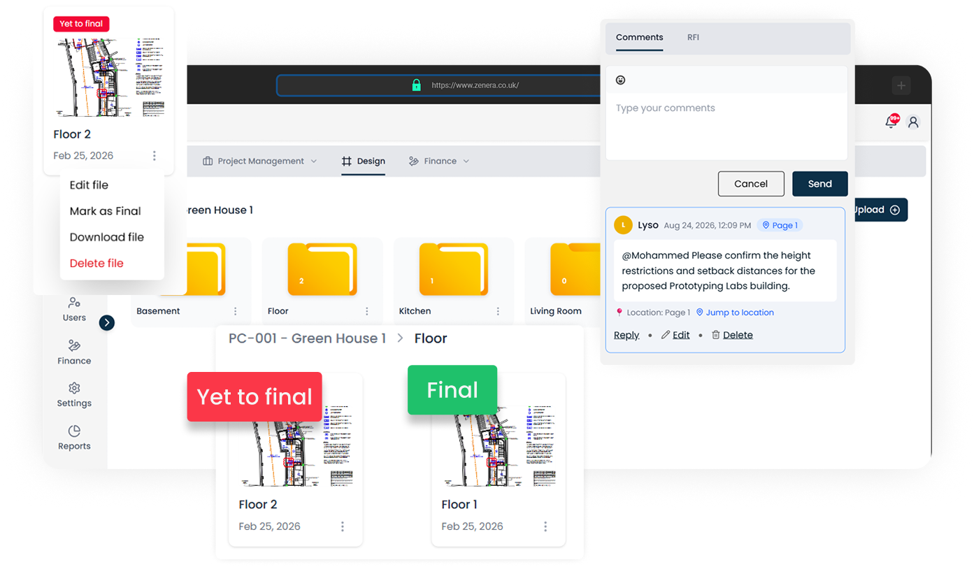 Construction management software showing project drawings, design files, document status and team comments