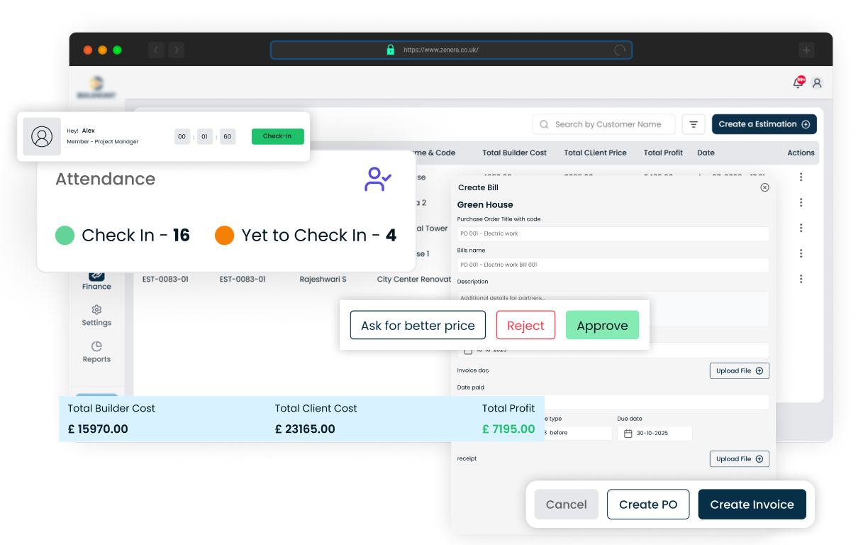 Construction management software dashboard showing attendance tracking, purchase orders, invoices and project costs