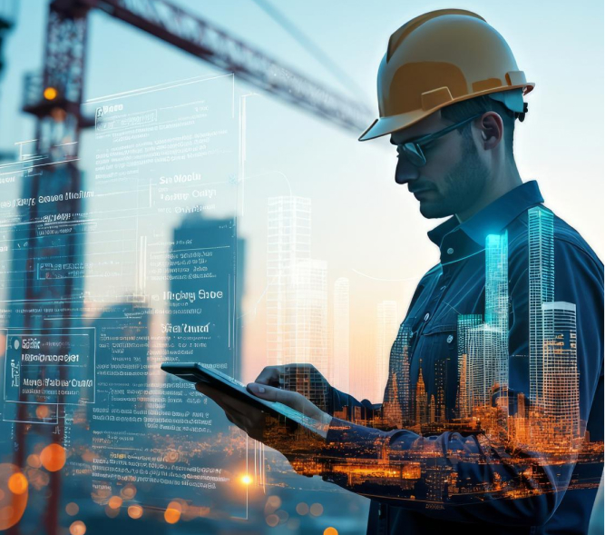 Construction professional using digital technology for construction project management and site operations