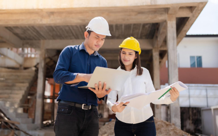 Project managers reviewing plans with construction software