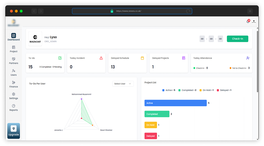 Zenera housebuilding software dashboard showing project progress, trade schedules, budgets and outstanding snags