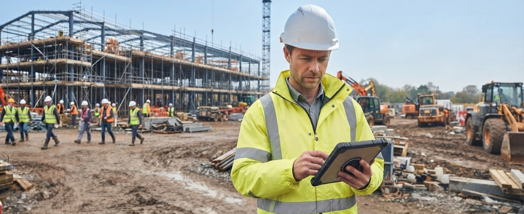 UK construction site manager addressing construction site reporting problems on active building site.