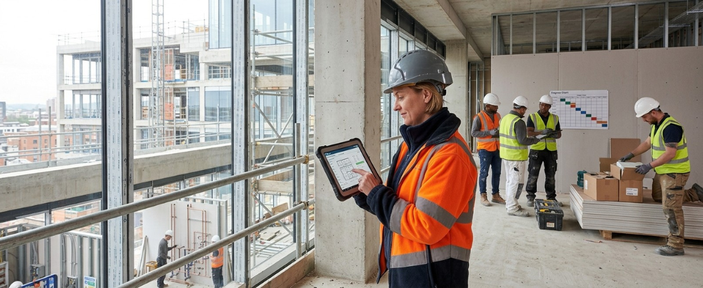 Construction site manager reviewing labour and material delivery records.